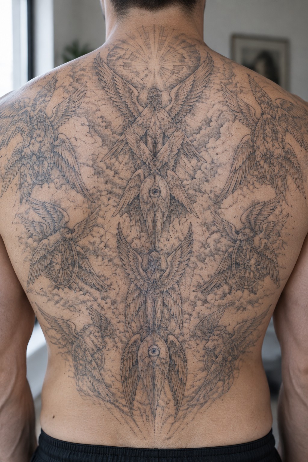 Man's back with large intricate tattoo of winged angelic figures amid clouds
