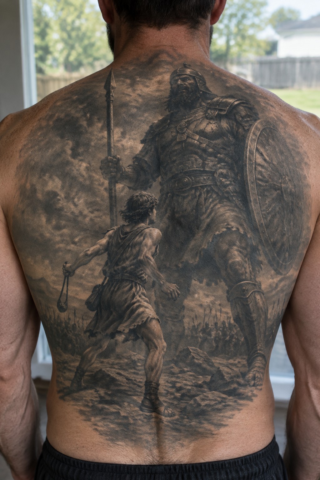 Black and gray realistic tattoo of two warriors battling on man's back