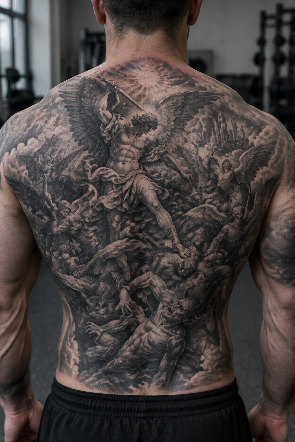 Muscular back with detailed black-and-gray tattoo of winged angel battling demons