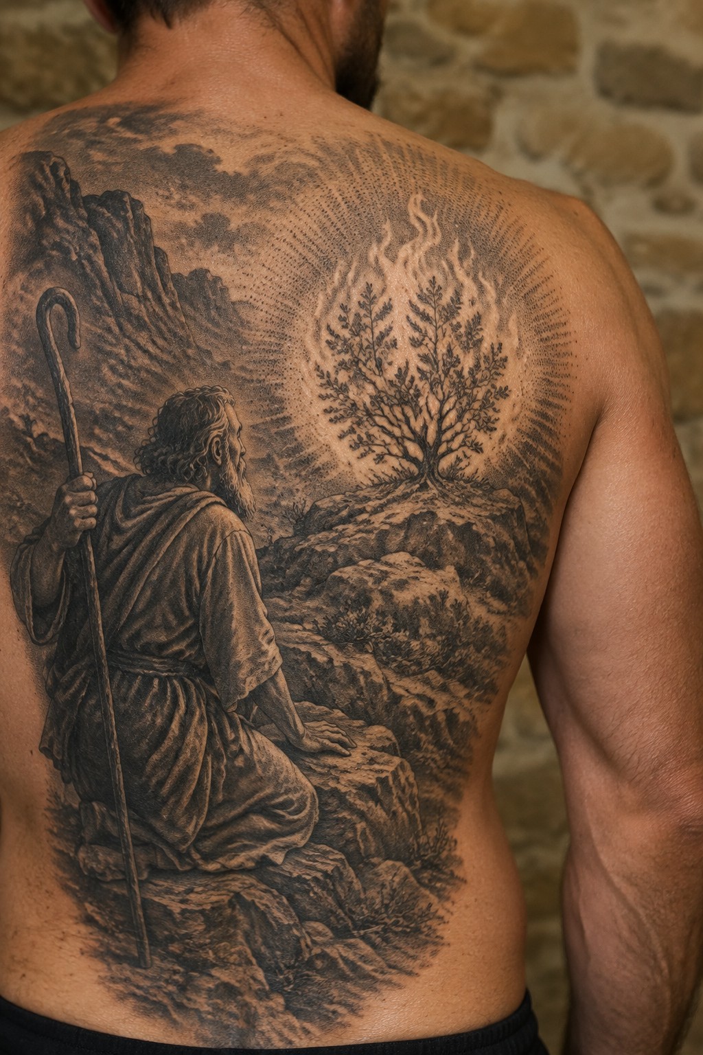 Black and gray tattoo of robed man with staff kneeling before burning tree on rocks