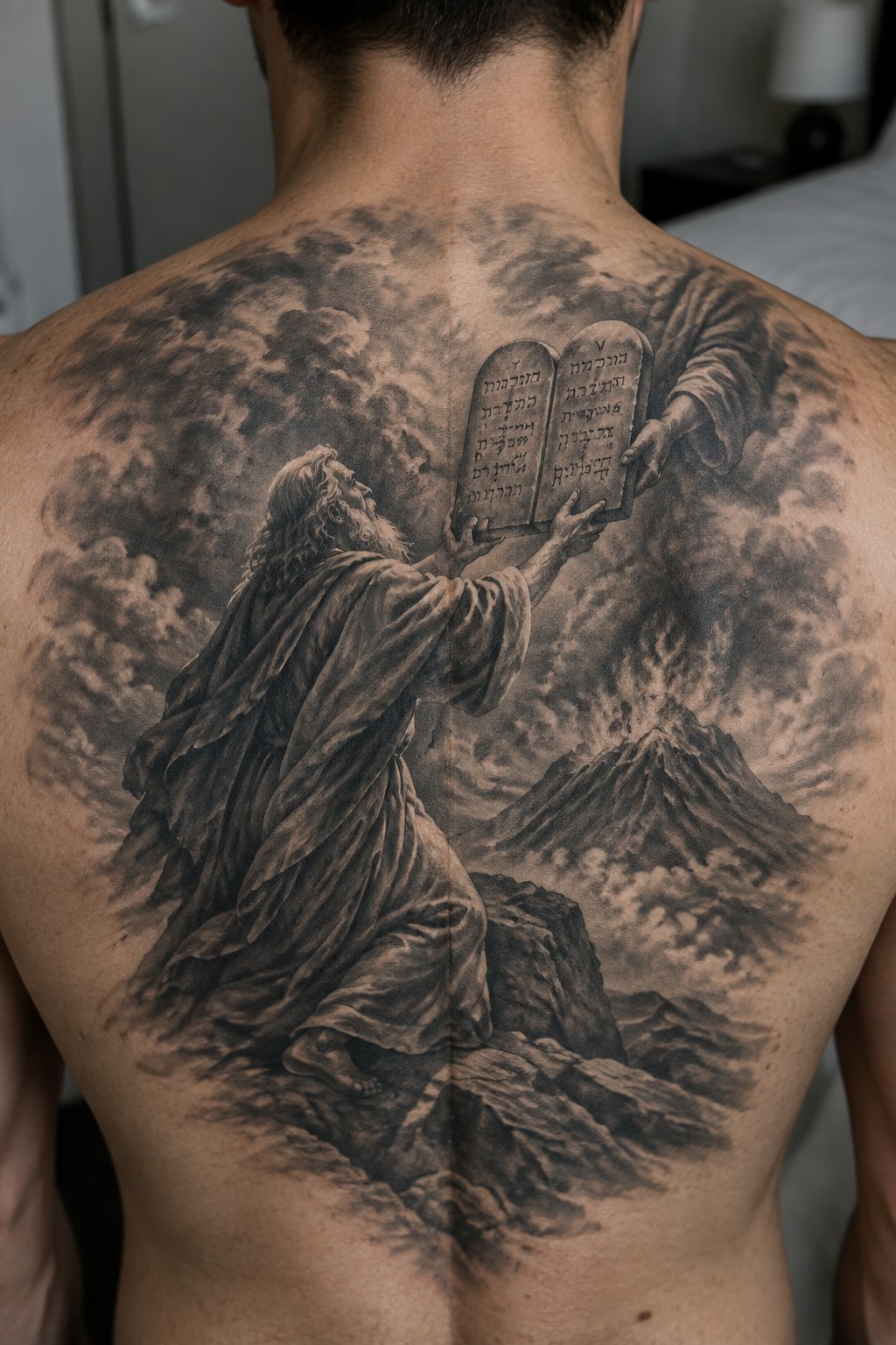 Man's back tattooed with dramatic scene of Moses holding Ten Commandments amid clouds and mountains.