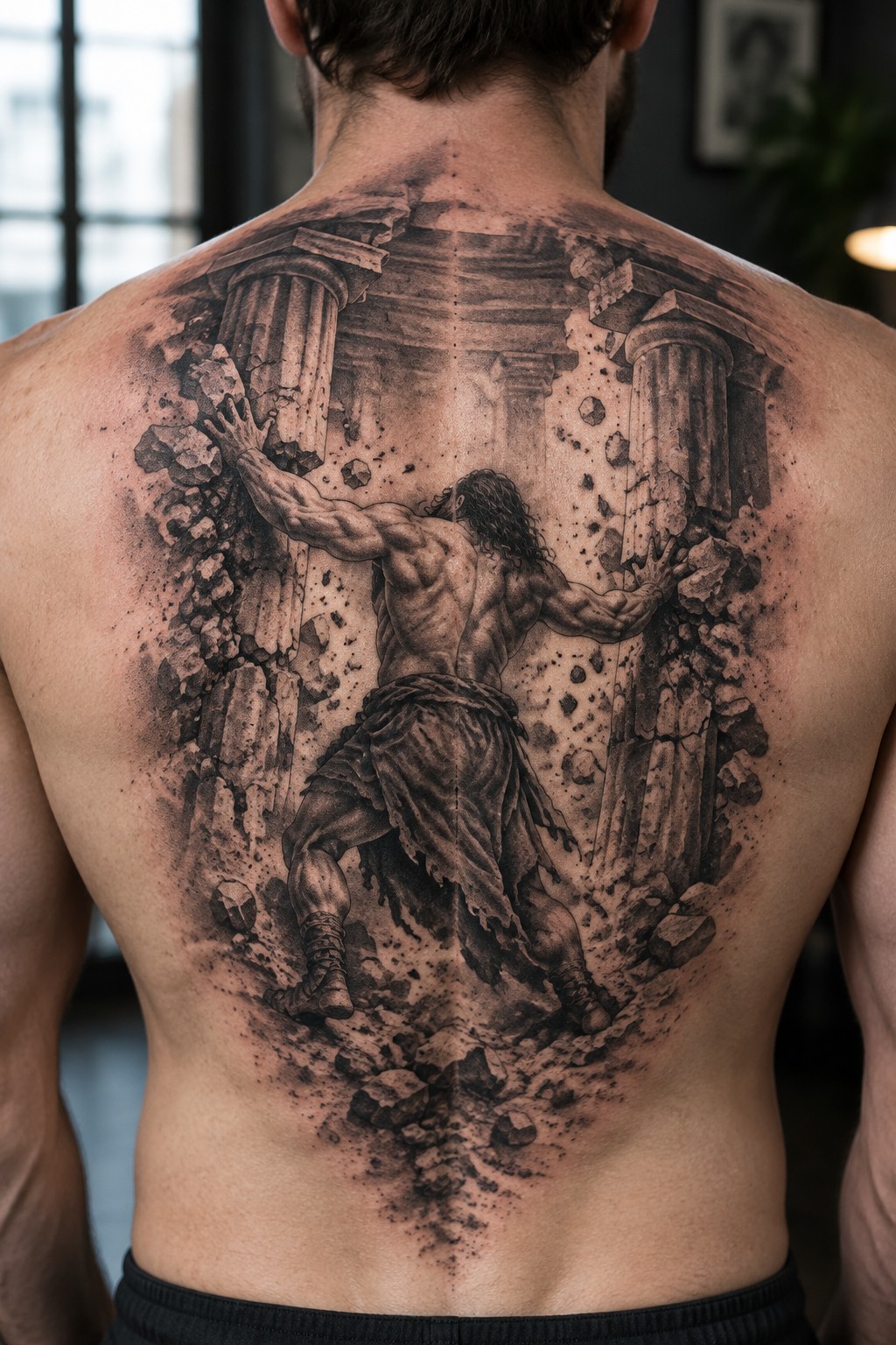 Black and grey full back tattoo of a muscular man pushing against crumbling temple columns with debris falling around him