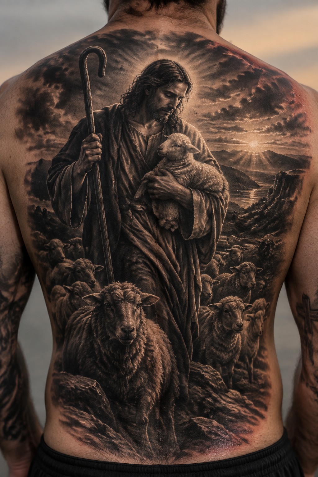 Large realistic tattoo of Jesus holding lamb and staff amid flock at sunset