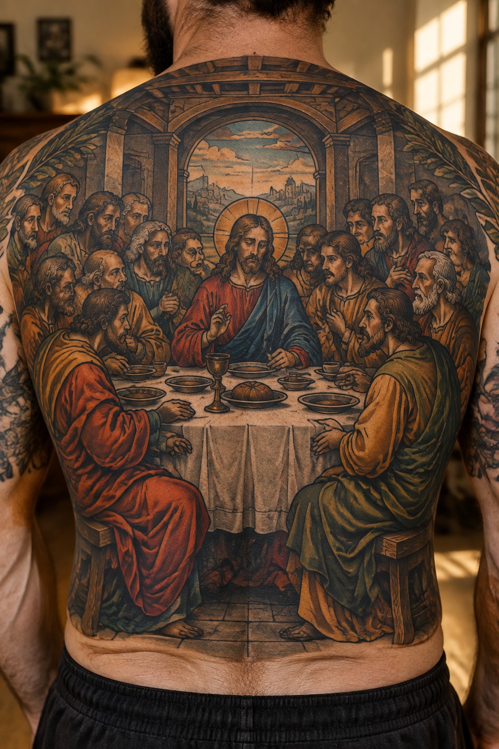 Detailed full back tattoo of the last supper showing Jesus and the apostles seated at a long table under an arched frame with a distant landscape.