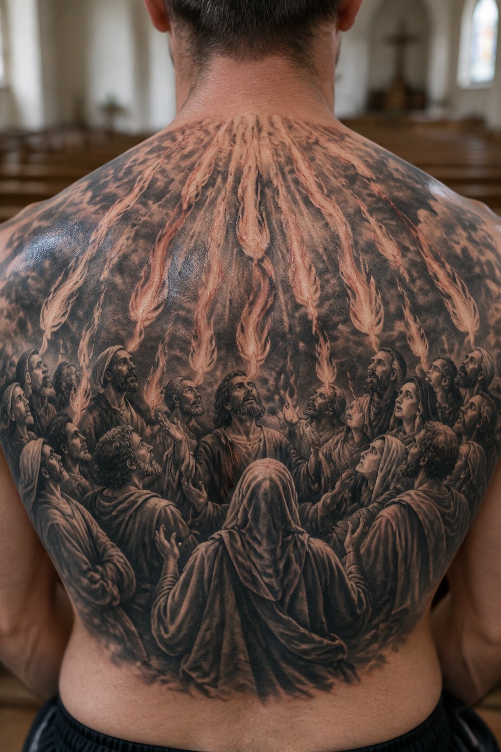 Detailed tattoo of robed figures under descending orange flames covering man's back.