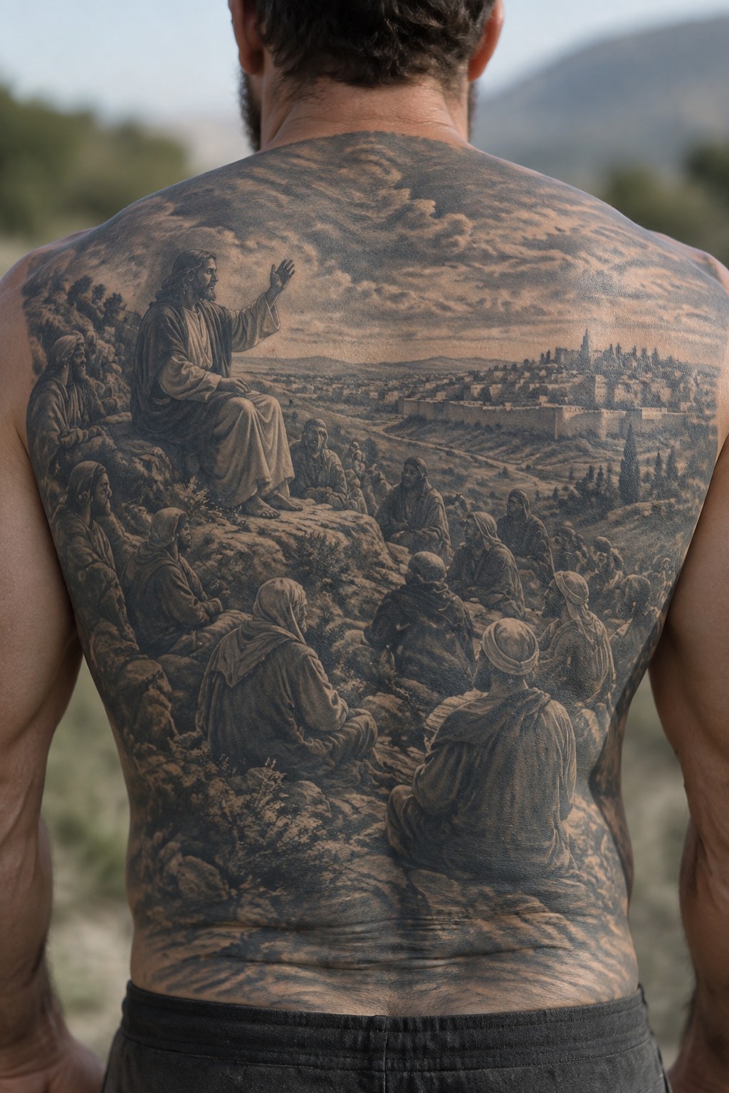 Large grayscale tattoo on man's back showing Jesus teaching disciples overlooking ancient city