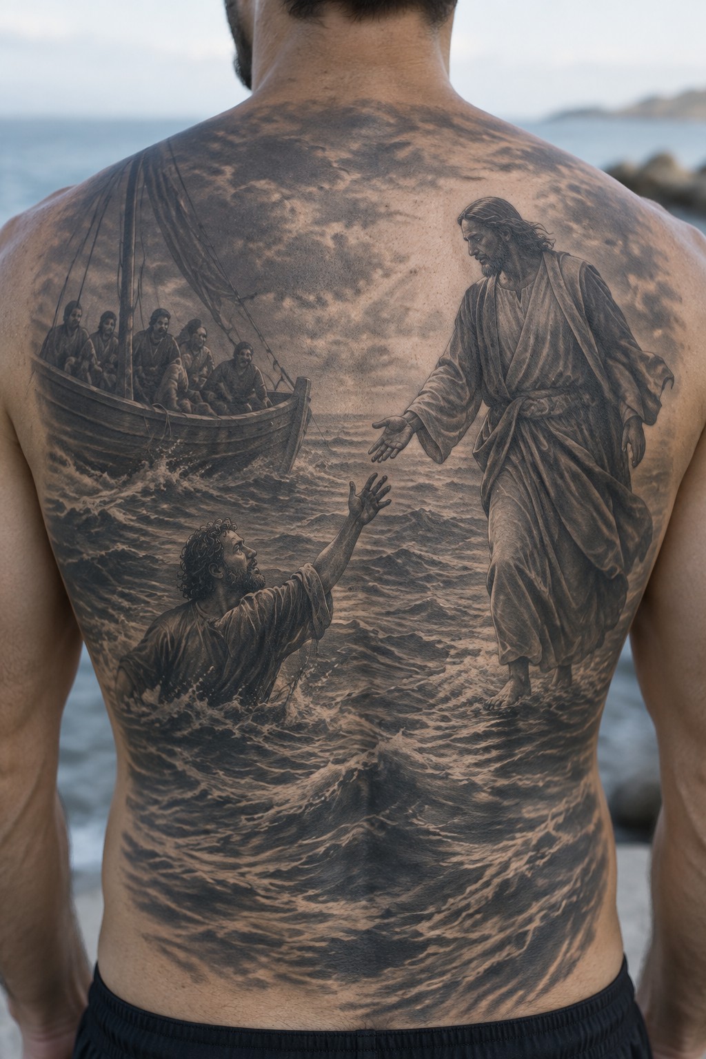 Realistic black-and-gray tattoo of Jesus walking on water, reaching toward drowning disciple amid stormy waves and boat.