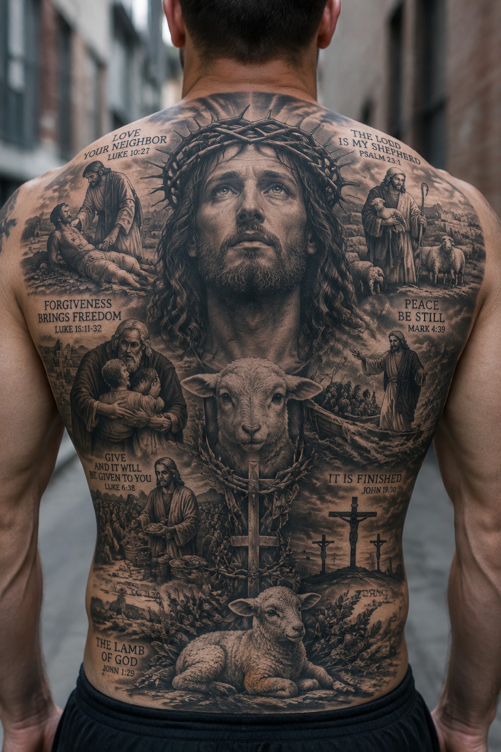 realistic black and gray full back tattoo of a man showing a central portrait of jesus wearing a crown of thorns surrounded by multiple biblical scenes including the good shepherd, the prodigal son, calming the storm, and the crucifixion with two lambs.