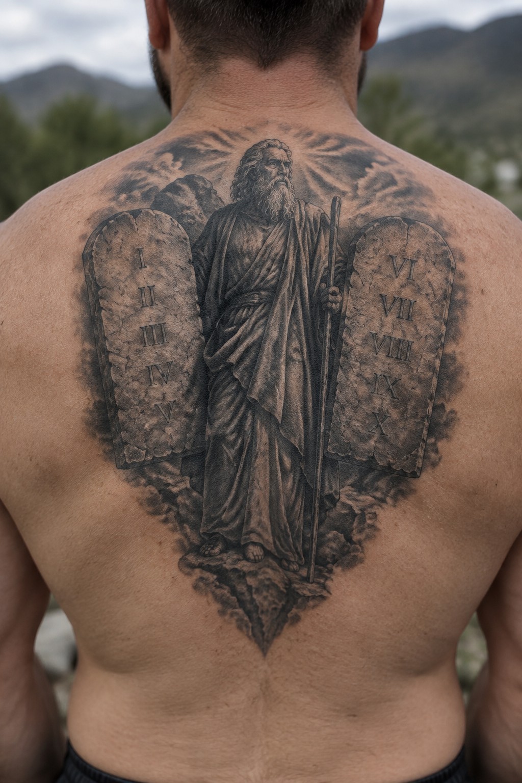 Black and gray tattoo of Moses with Ten Commandments tablets covering man's back