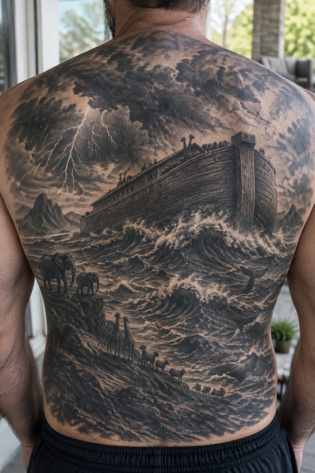 Man's back with large black-and-gray tattoo of Noah's Ark in stormy seas with animals