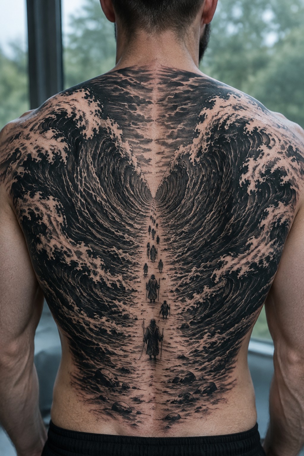 Muscular back covered in black tattoo of parting waves and robed figures on path.