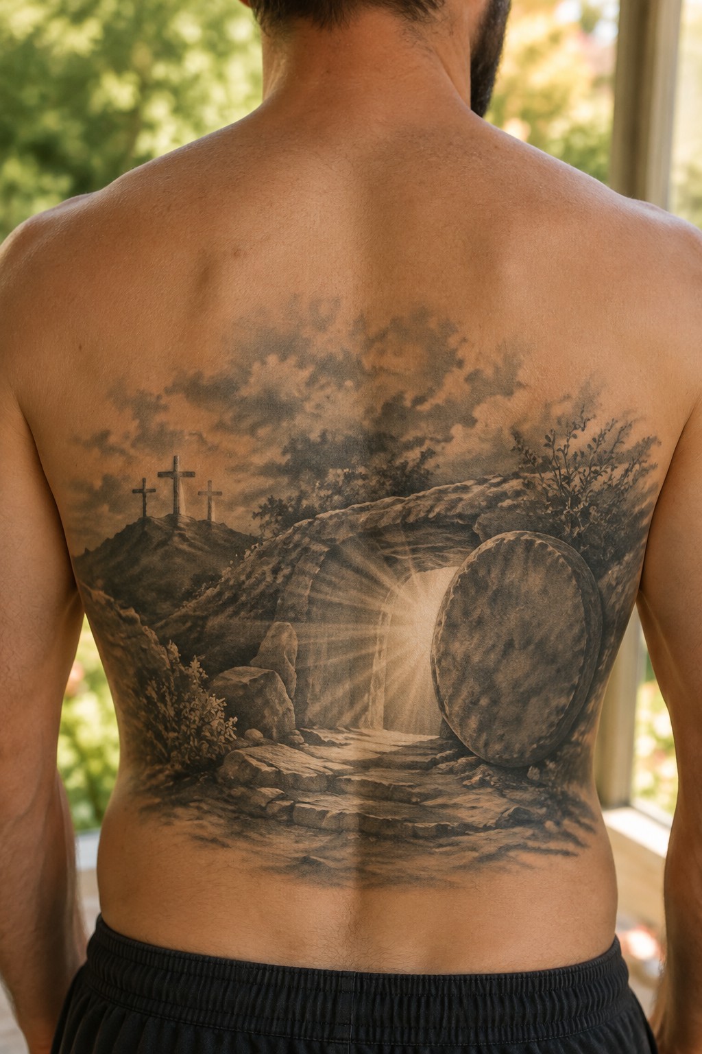 Black and gray tattoo on a man's back showing the empty tomb with three crosses on a hill and light rays from the cave entrance.