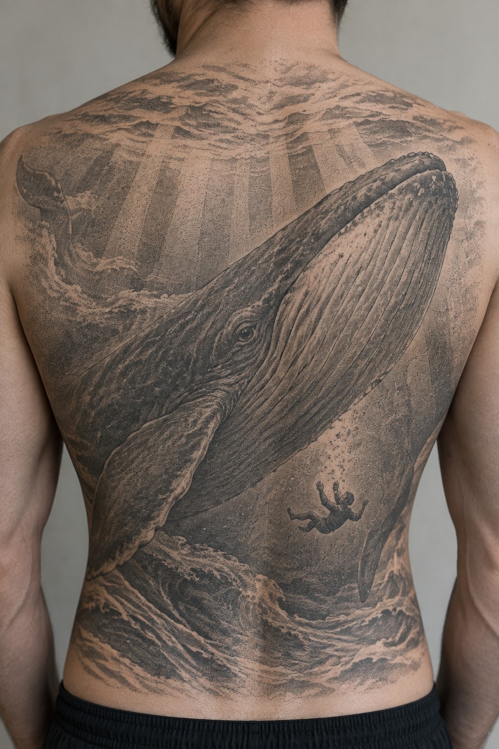 Shirtless man's back with large realistic black-and-gray whale and ocean tattoo