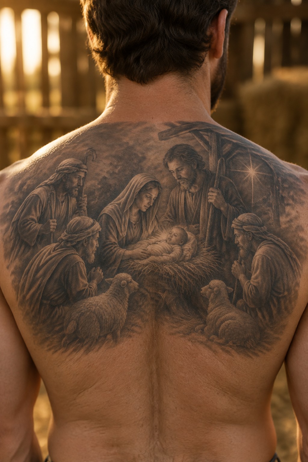 Realistic grayscale tattoo of nativity with Mary, Joseph, shepherds, sheep, and manger on back.