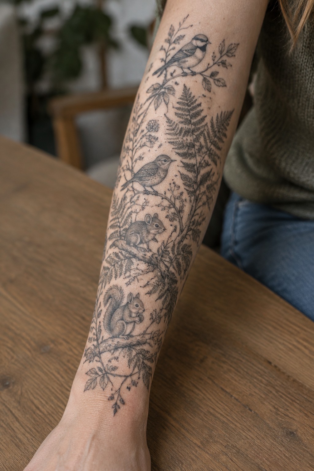 Intricate black ink tattoo of squirrels, birds, and ferns on forearm