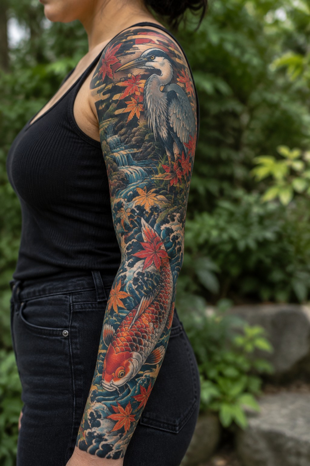 Full sleeve tattoo on a woman's arm showing a heron at the top, a koi fish below, red maple leaves, and flowing water in a realistic Japanese style.