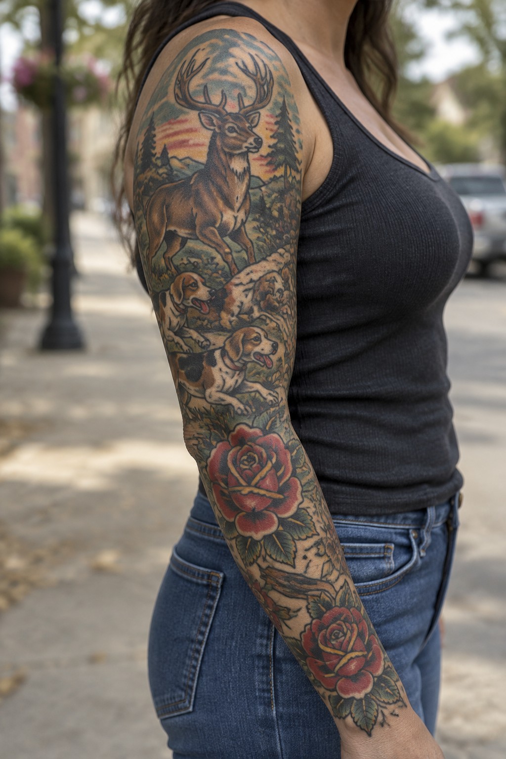 Woman's arm with colorful tattoo sleeve of deer, dogs, and red roses
