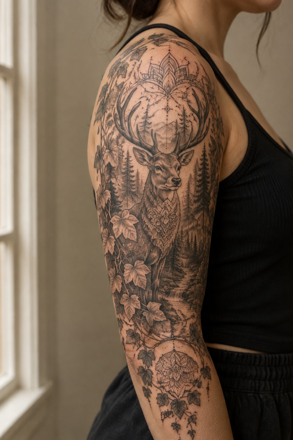 Woman's arm with intricate black and gray deer and forest tattoo.