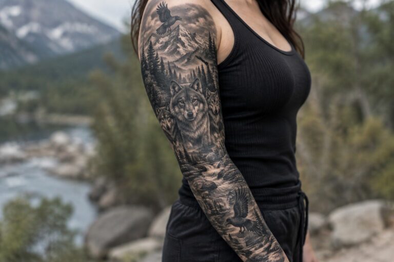 Black tank top arm with grayscale tattoo of wolves, mountains, river and birds
