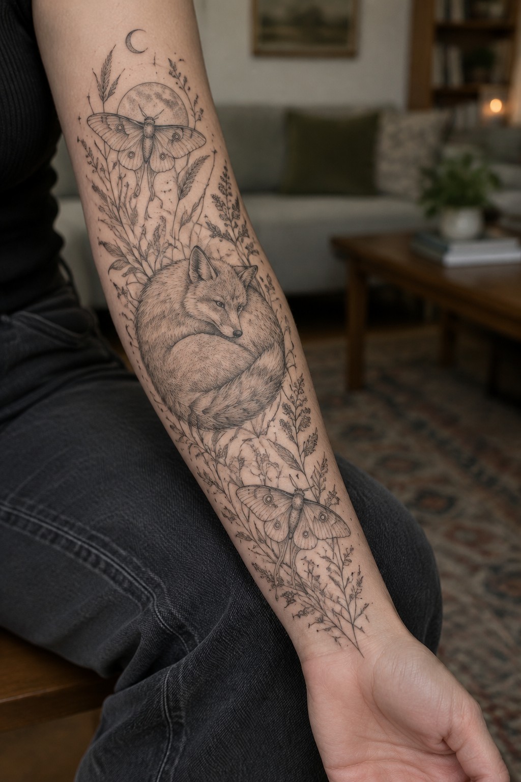 Detailed black-ink tattoo of curled fox, moths, plants and moon on forearm