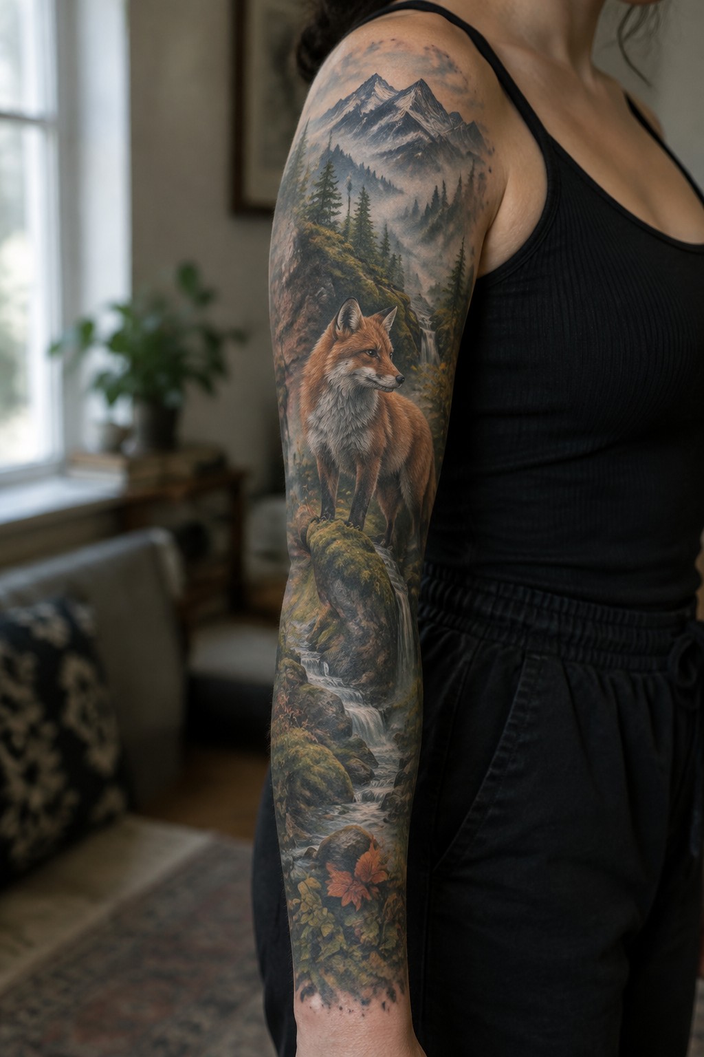 Woman in black tank top with realistic fox tattoo on arm amid mountains and waterfall