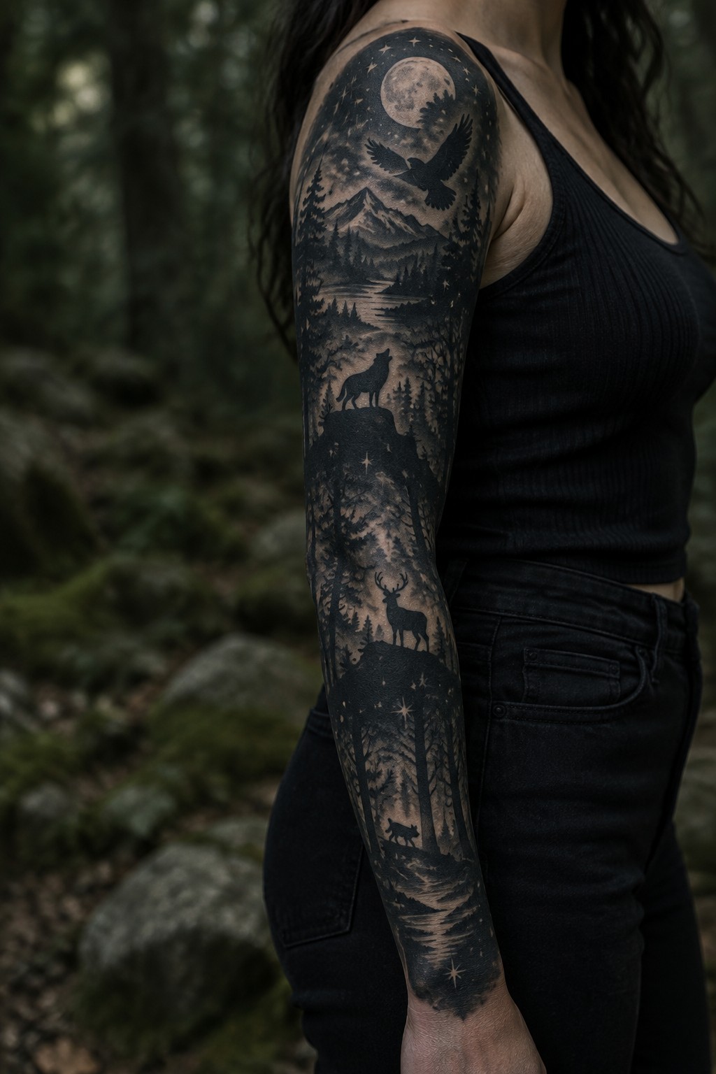 Woman in black tank top with detailed forest tattoo sleeve featuring moon and wildlife