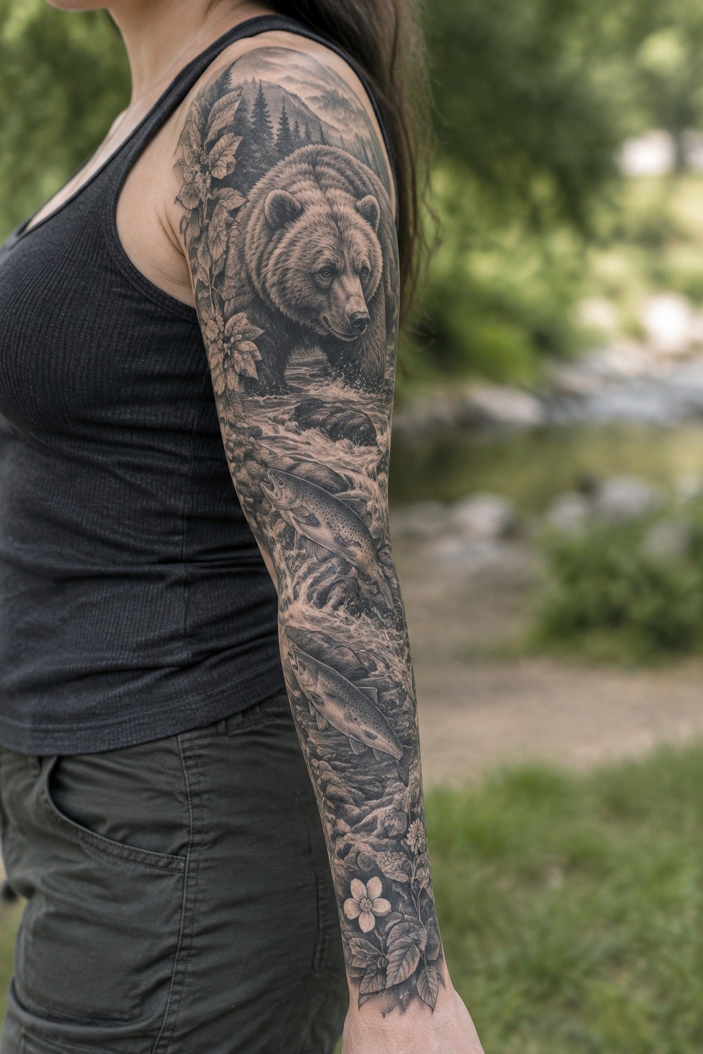 Full sleeve tattoo on a woman's arm showing a realistic black and gray scene with a bear in a river, two salmon swimming below it, mountains and trees above, and flowers at the bottom.