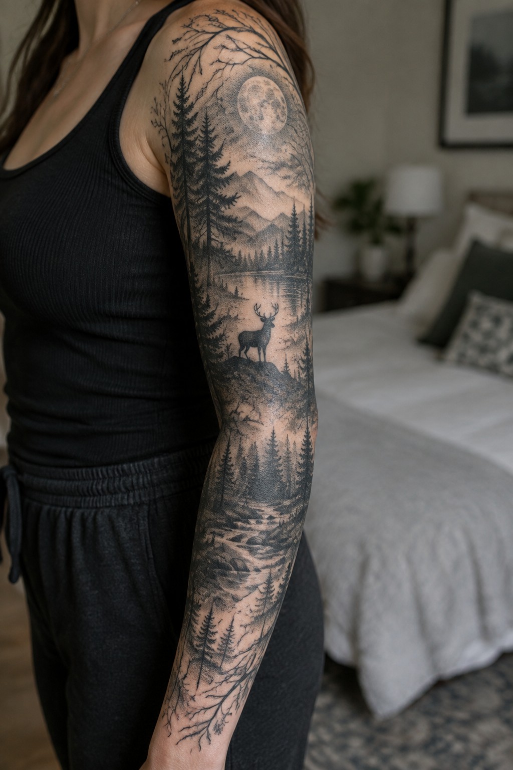 Woman's arm with intricate black-and-gray forest landscape tattoo featuring deer and full moon.