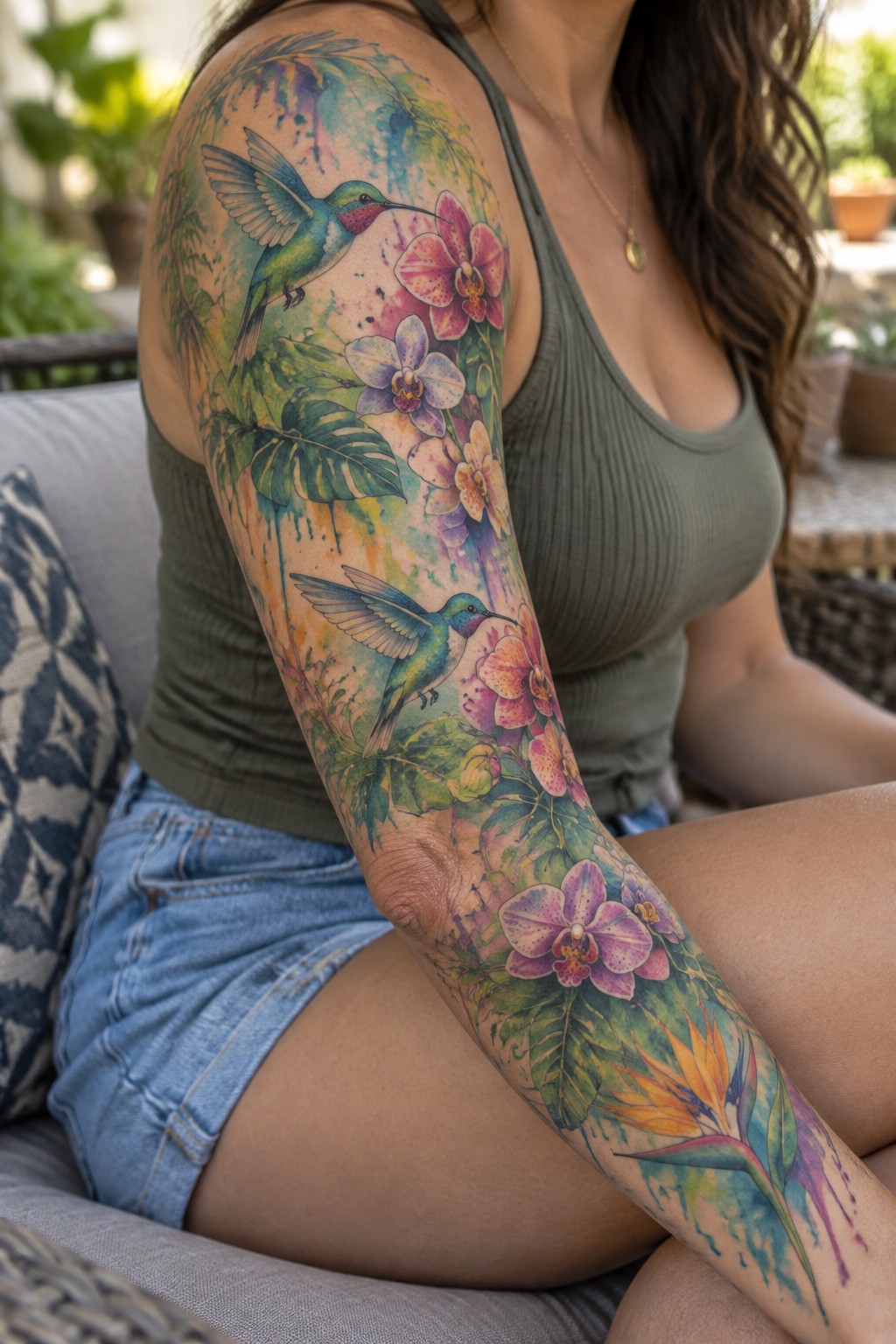 Woman's full sleeve tattoo with two hummingbirds, orchids, monstera leaves, and a bird of paradise flower in watercolor style with color splashes.