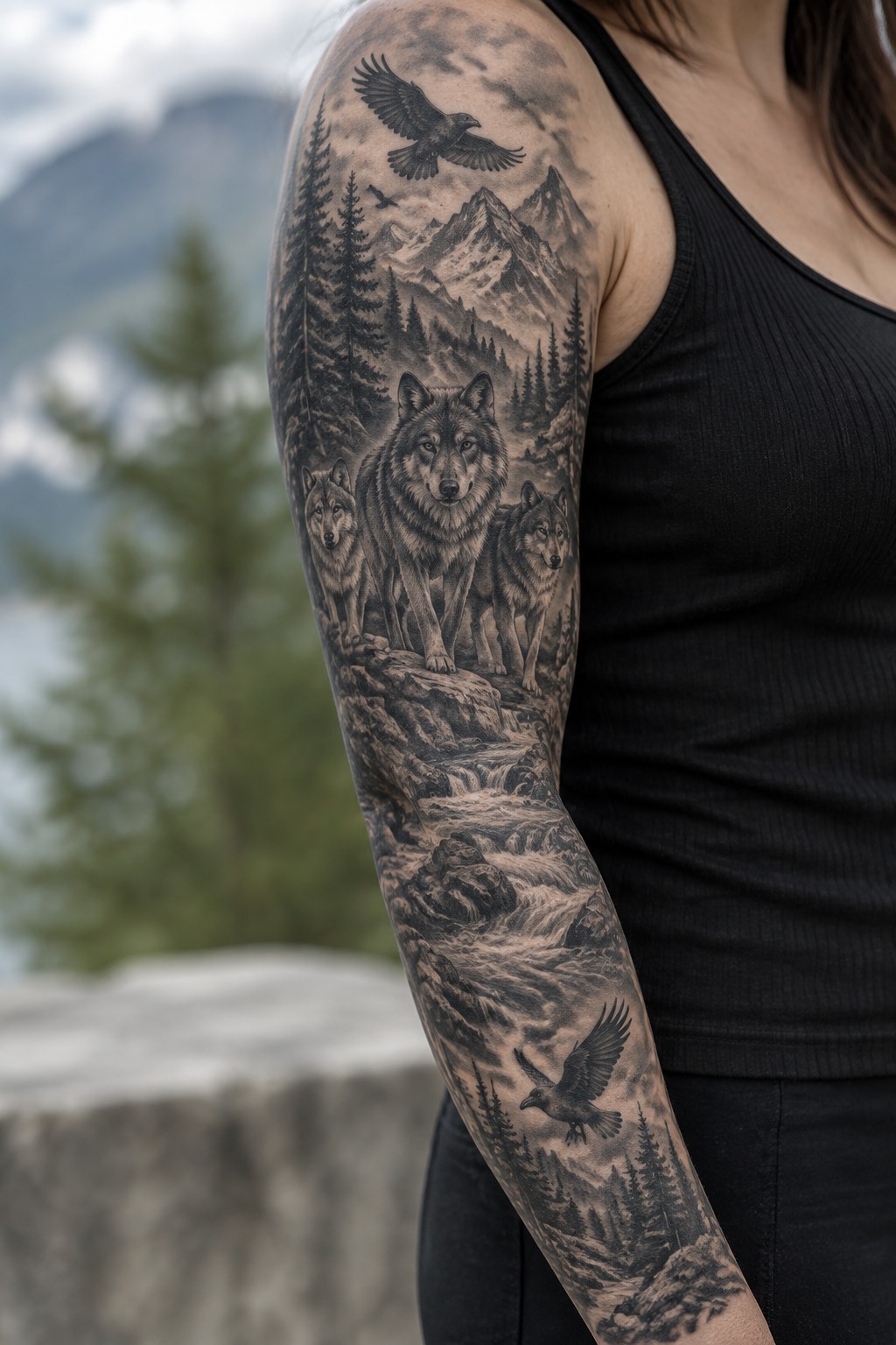 Black tank top arm with grayscale tattoo of wolves, mountains, river and birds
