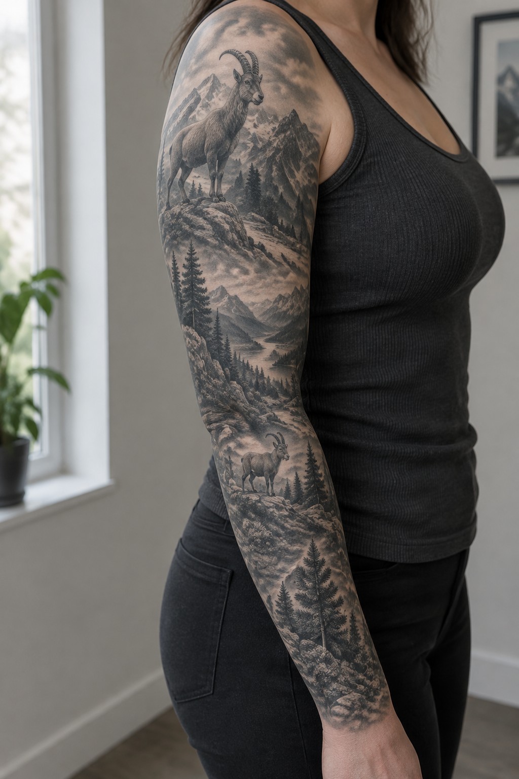 Woman in black tank top with full-arm grayscale mountain landscape tattoo including goats