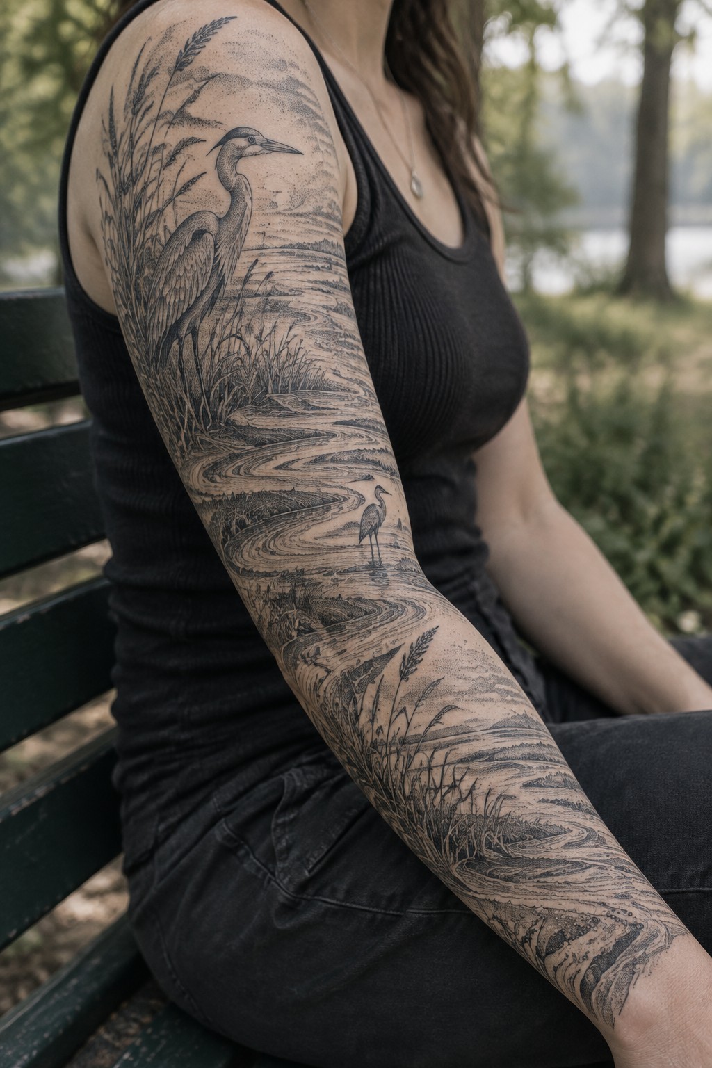 A woman's arm with a black and grey sleeve tattoo showing a heron among reeds above a winding river landscape that extends down the arm.