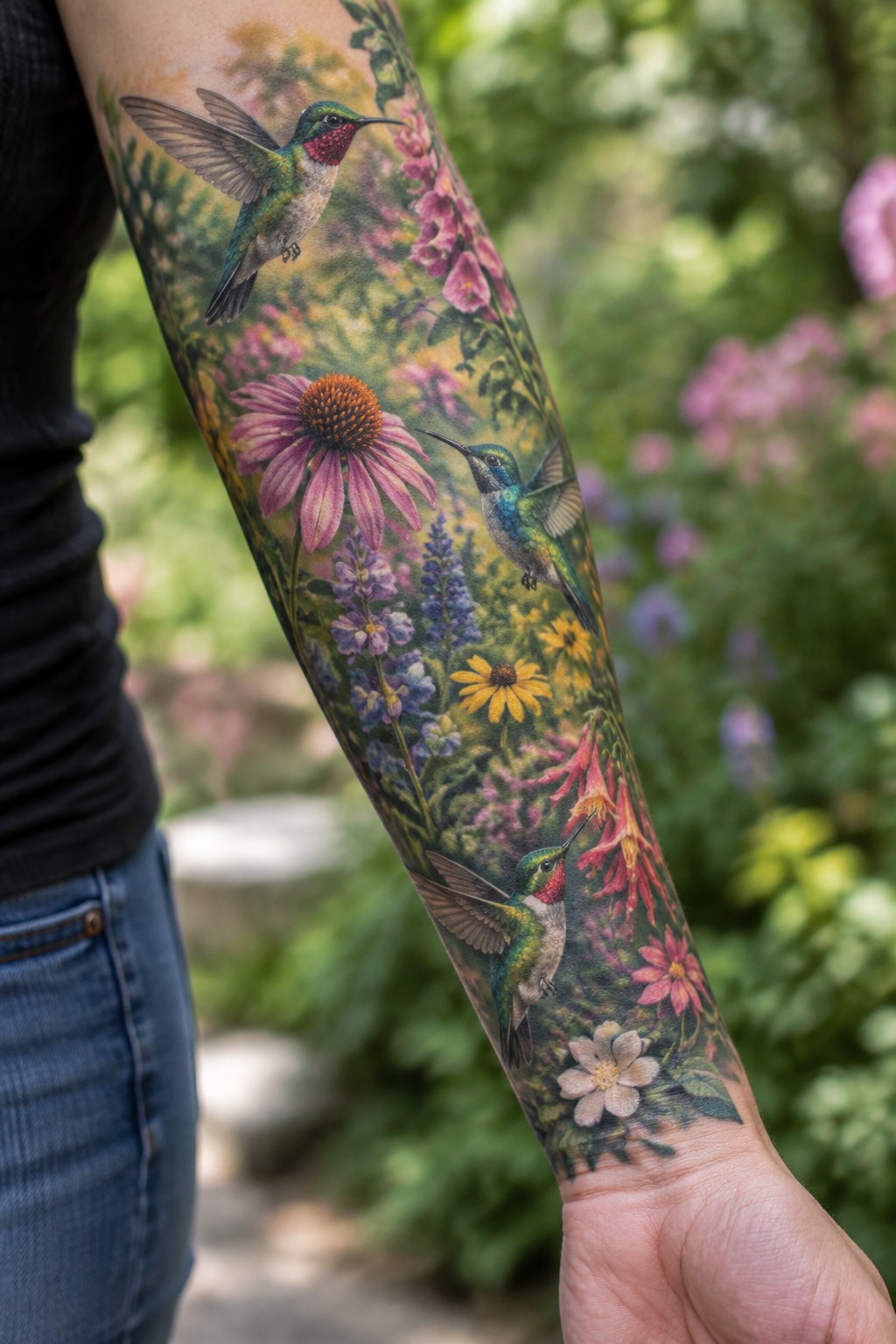 Intricate tattoo of three hummingbirds and vibrant flowers on a person's forearm