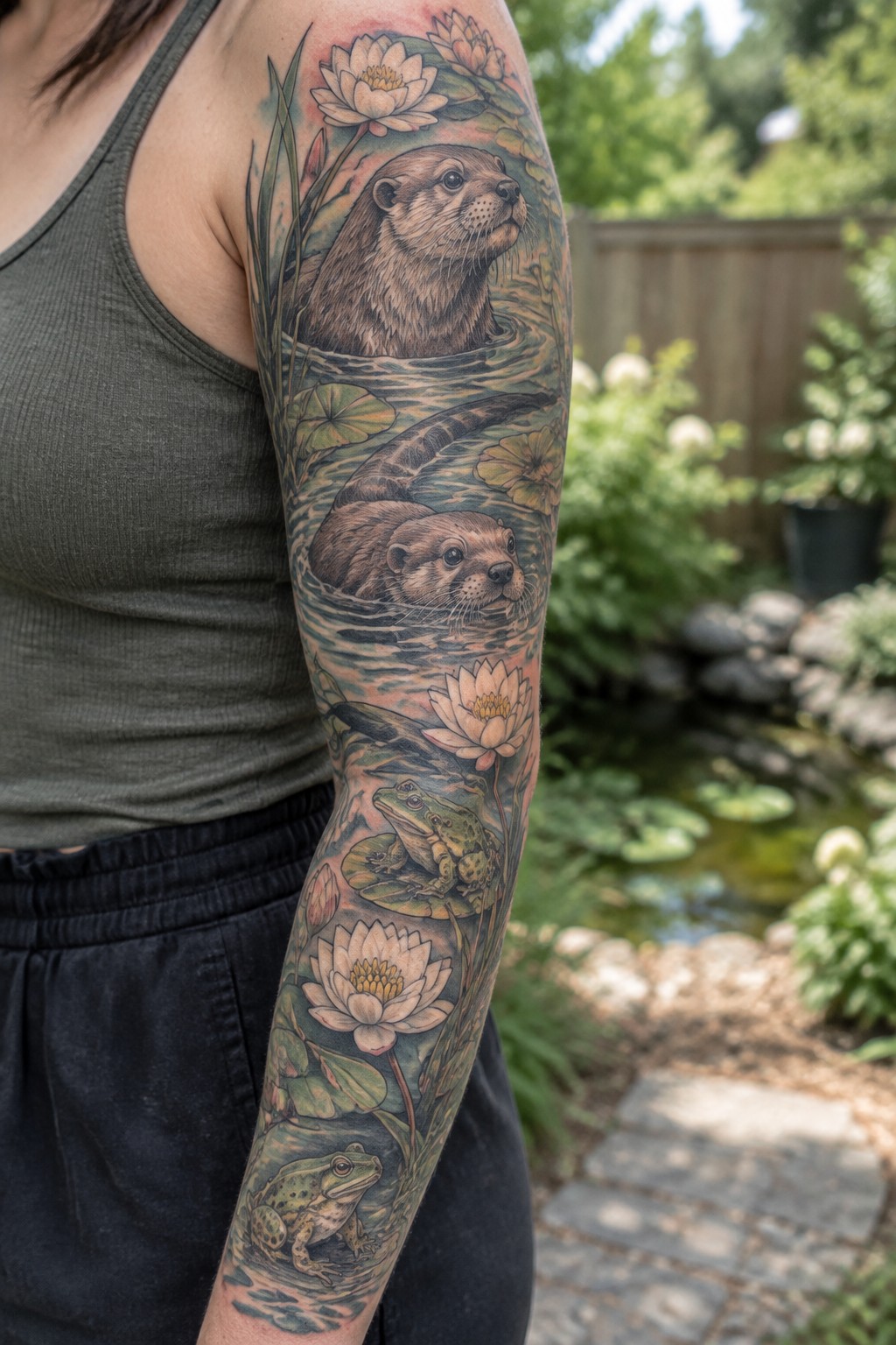 Realistic sleeve tattoo on arm with otters, frogs, and water lilies in pond