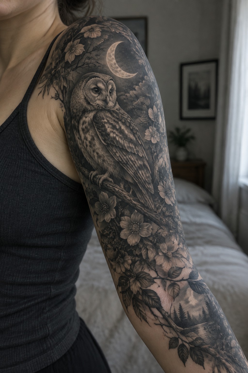 Detailed black-and-gray owl tattoo sleeve with flowers, moon, and forest scene