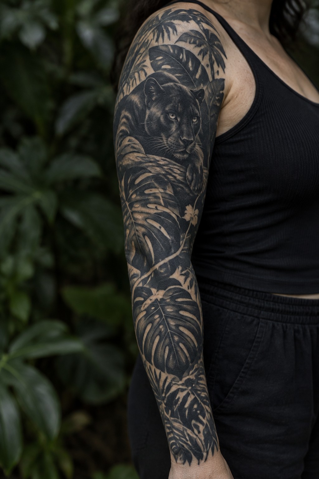 Black panther tattoo with jungle leaves on arm, black tank top visible