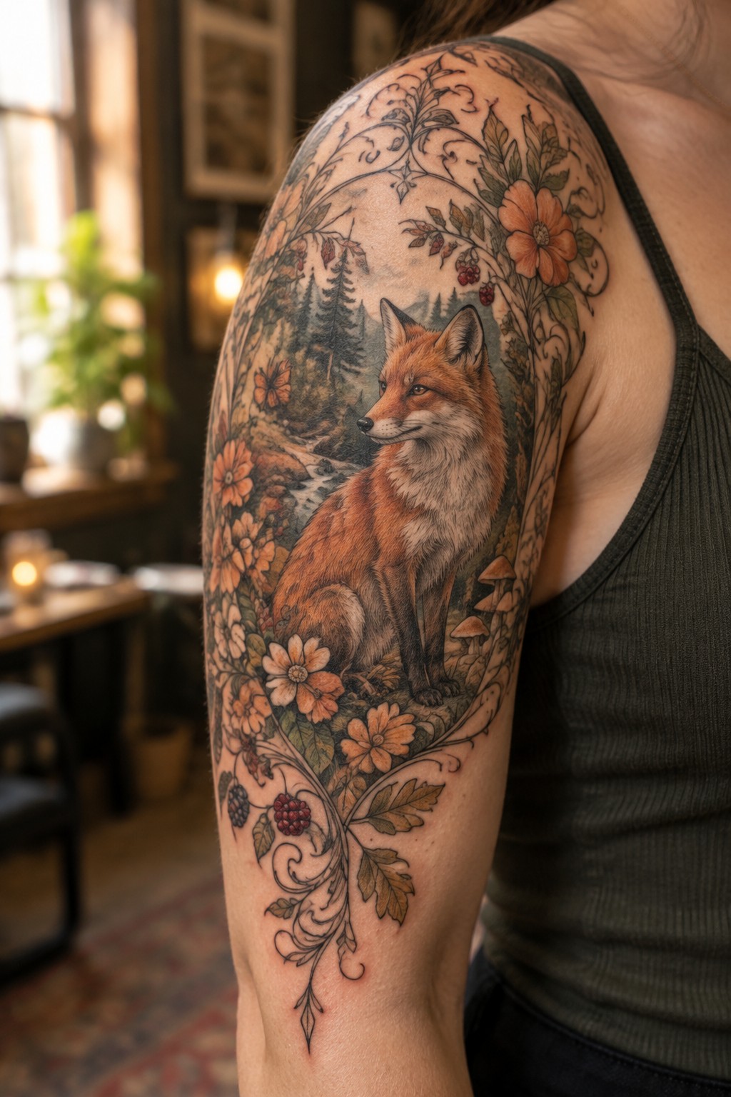 Detailed sleeve tattoo of a red fox in a forest scene with flowers, berries, and vines covering a woman's upper arm.