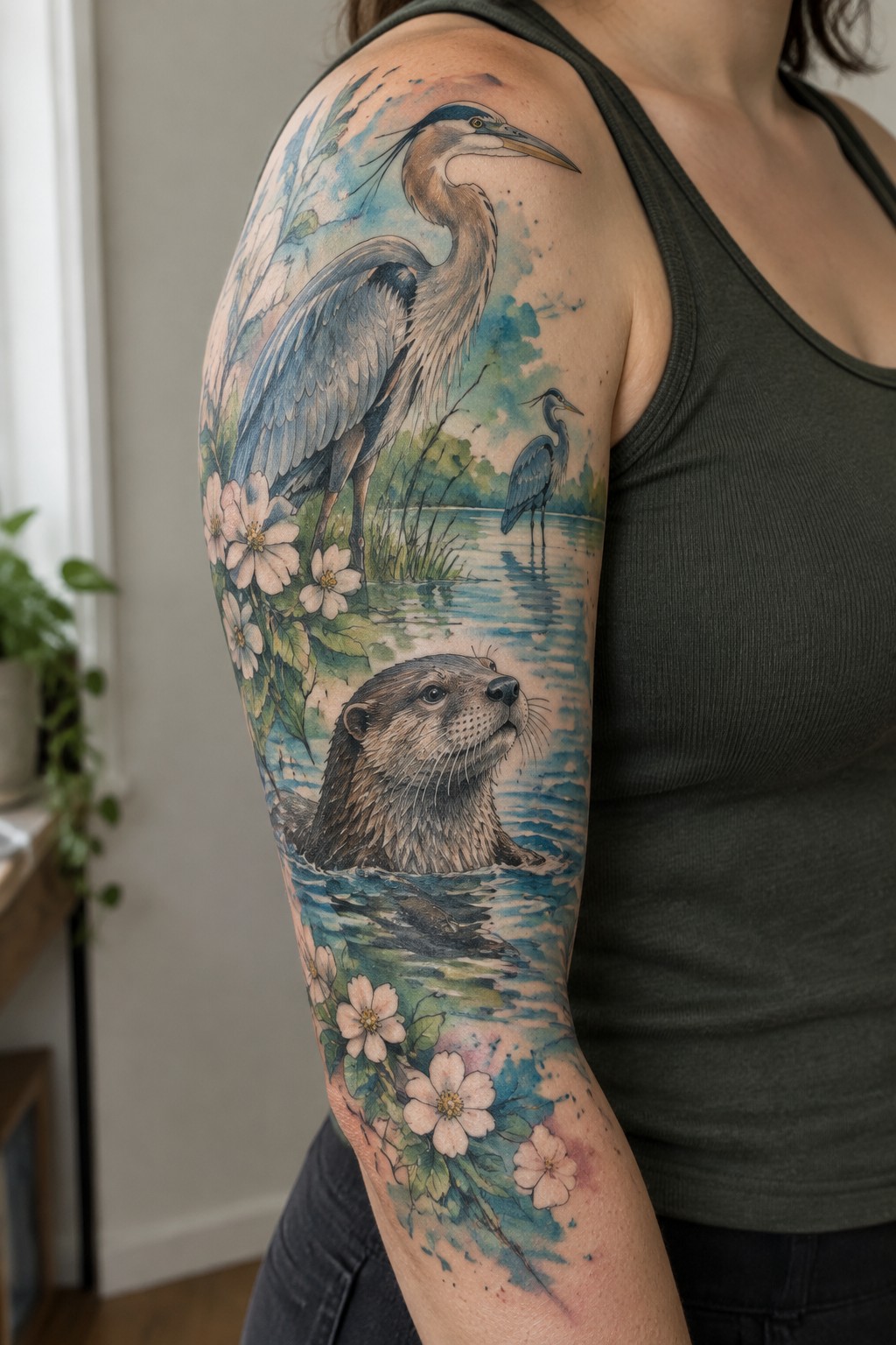 Watercolor tattoo of heron, otter, and flowers on arm in green tank top