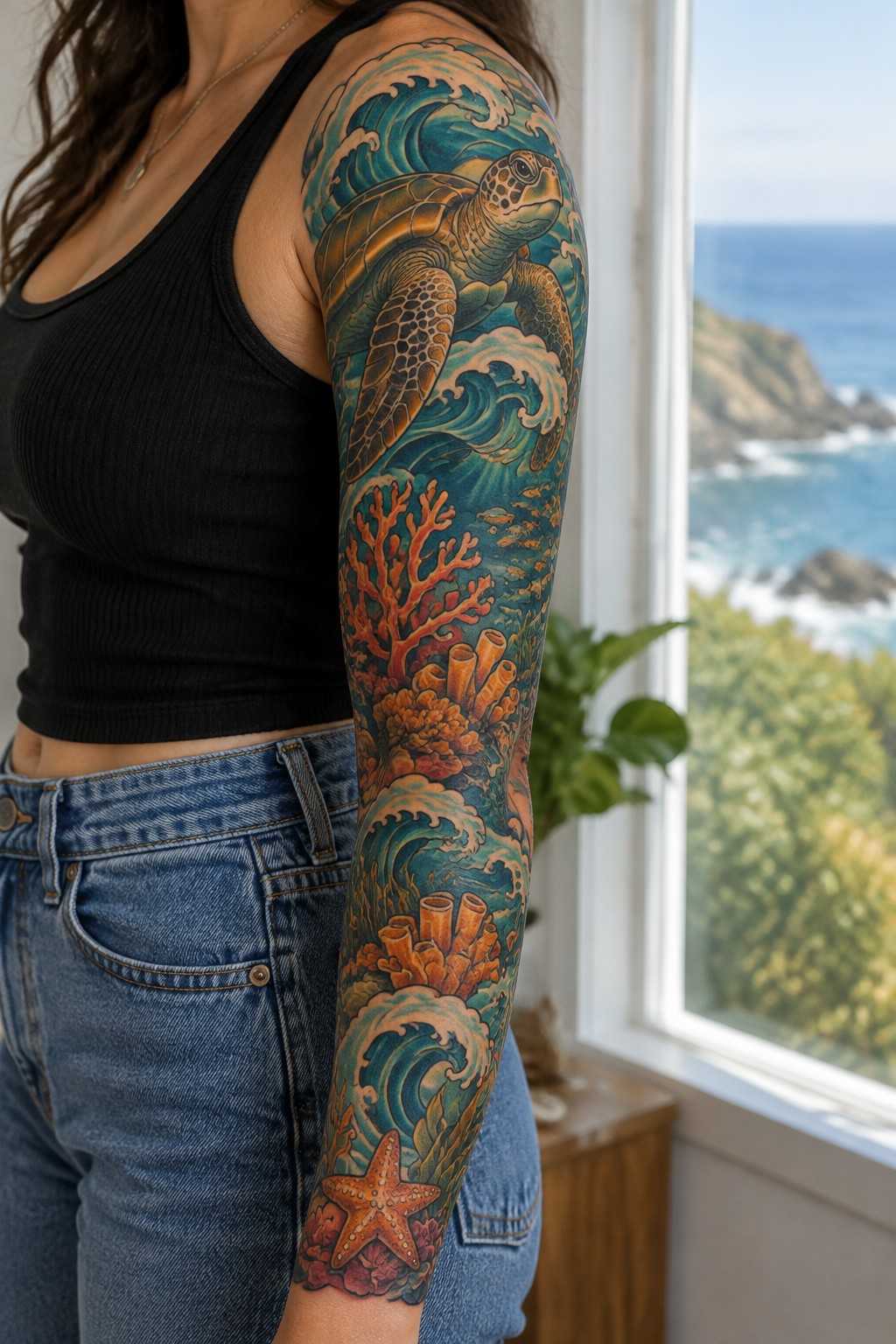 Woman in black top with colorful sea turtle and coral tattoo sleeve by ocean window