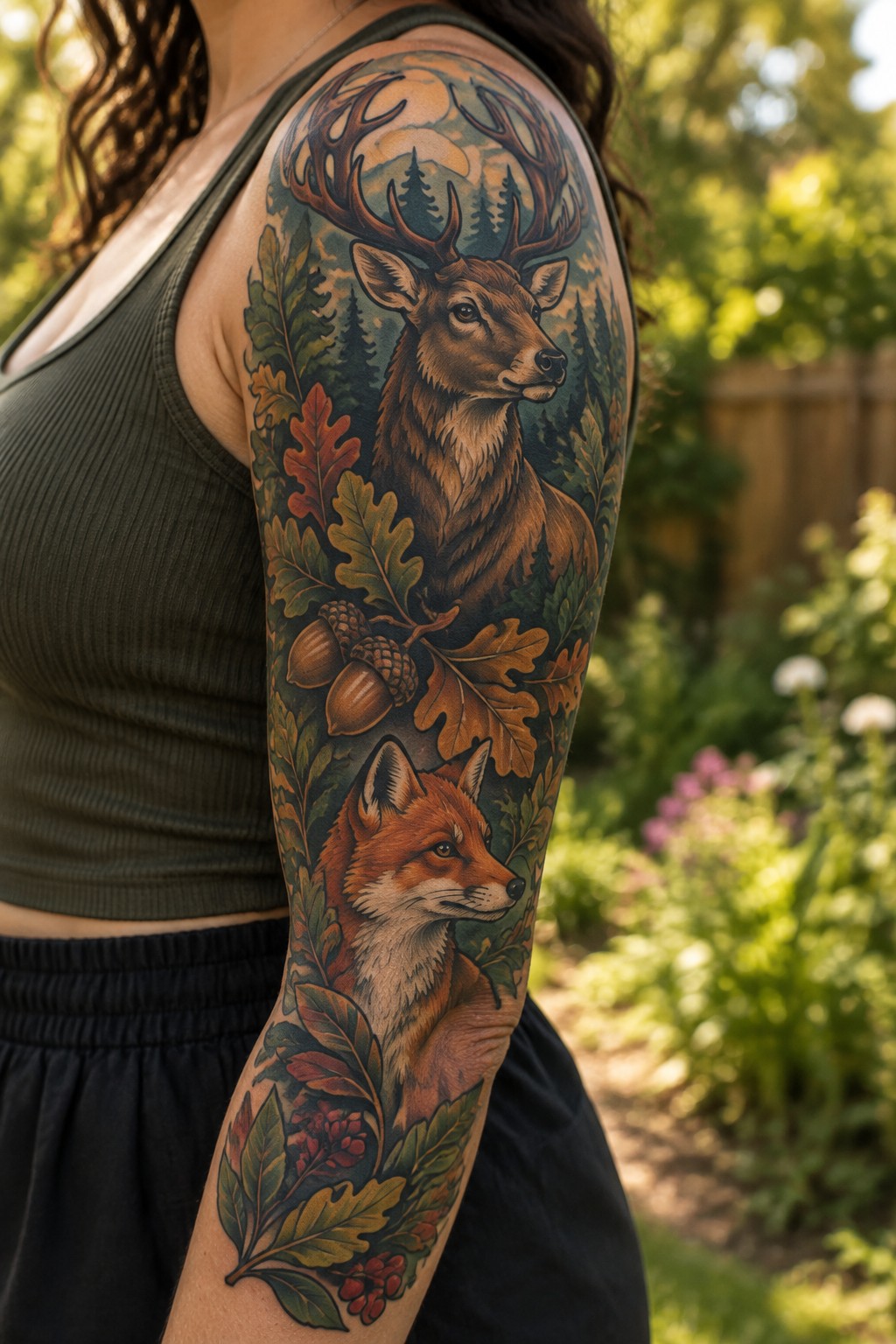 Woman's arm showing a full sleeve tattoo with a stag on the upper arm and a fox on the forearm surrounded by oak leaves acorns and forest details