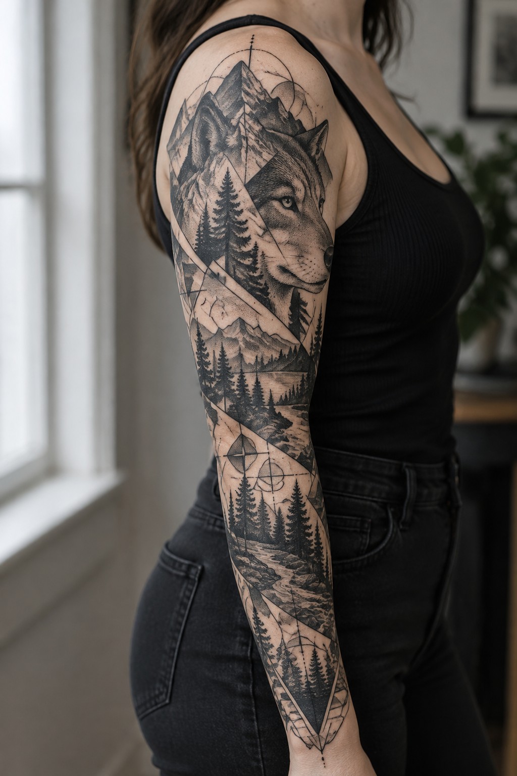 Woman's arm with detailed blackwork tattoo of wolf, mountains, forest, and geometric lines.