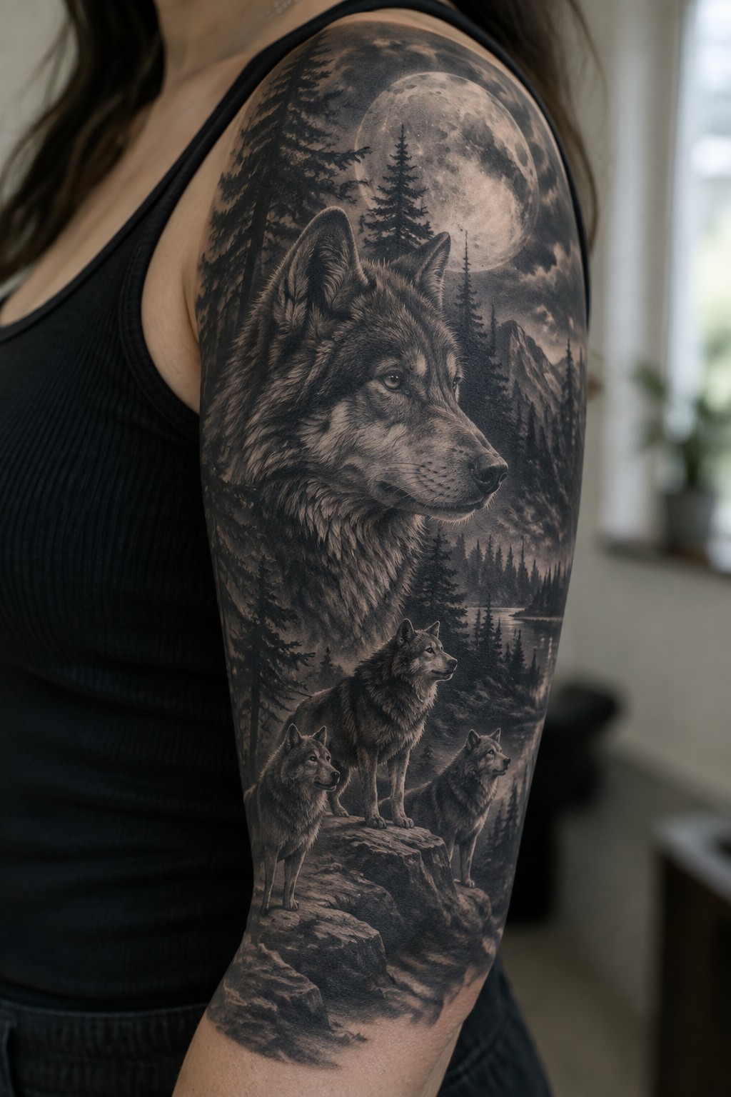 Black tank top on arm with detailed grayscale wolves, forest, and full moon tattoo.