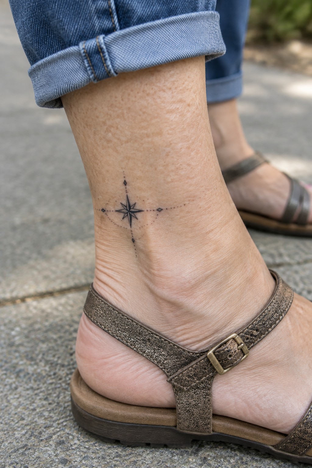 Compass tattoo on ankle above brown sandal and cuffed blue jeans