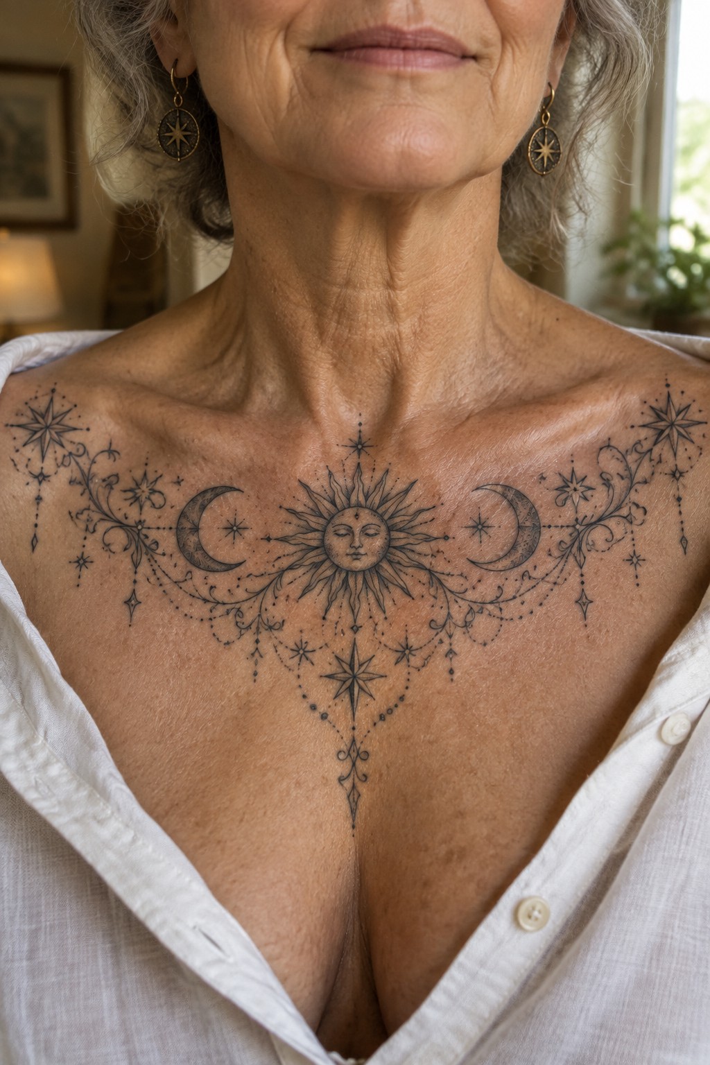 Elderly woman in white shirt displays ornate sun, moon, and star chest tattoo.