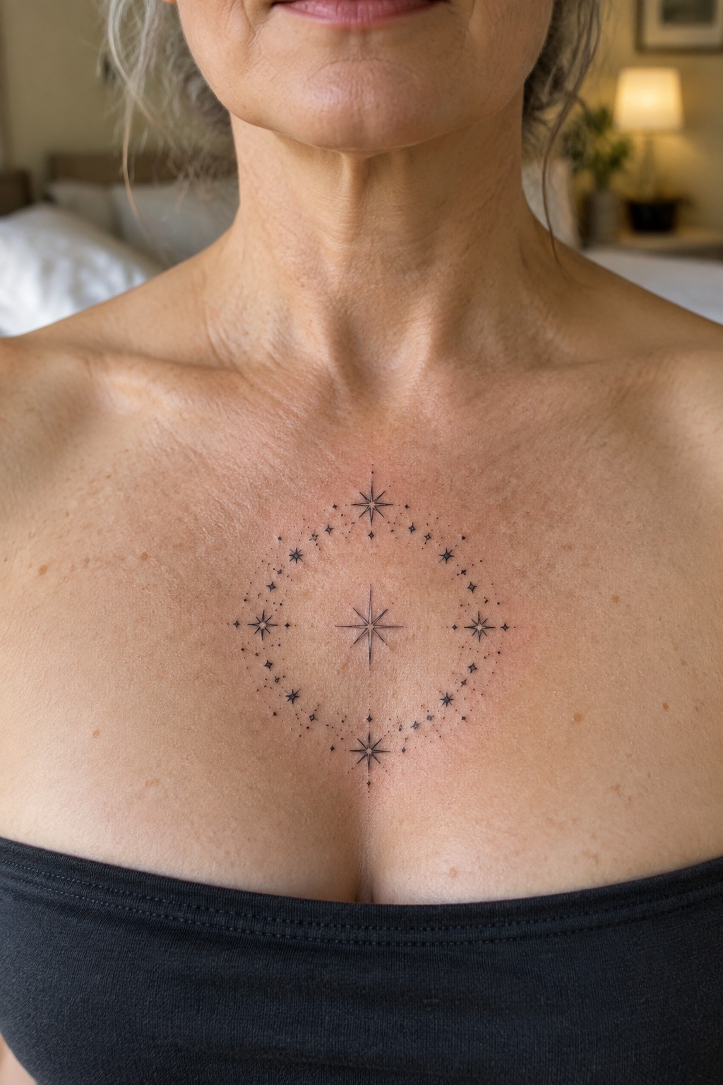 Circular star constellation tattoo on woman's upper chest above black top