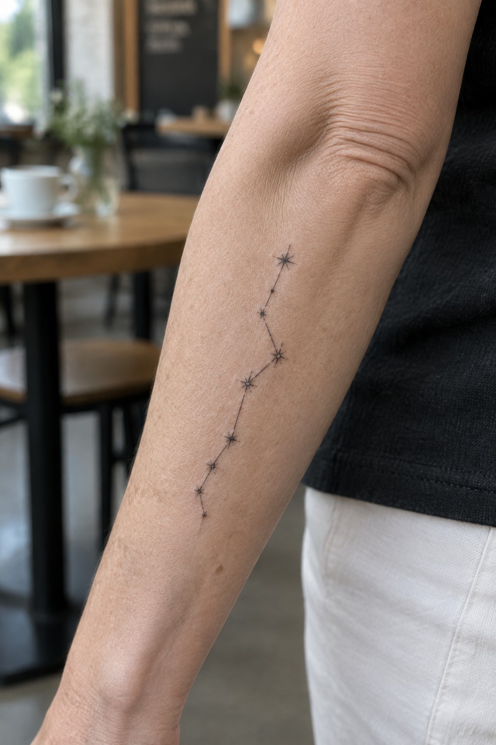 Arm with black constellation tattoo of connected stars, black shirt, cafe background.