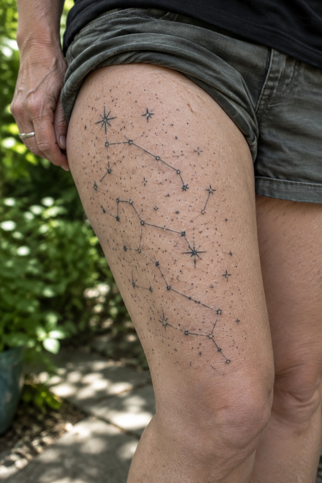 Constellation tattoo on thigh, person in green shorts and black shirt outdoors