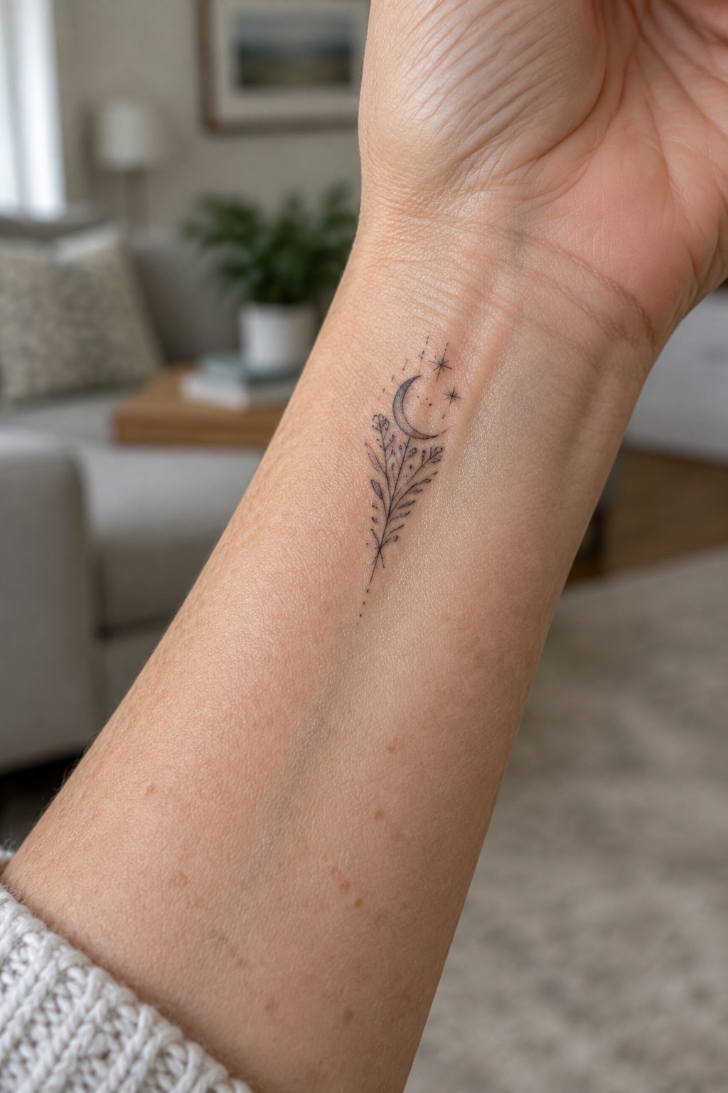 Wrist tattoo of crescent moon, stars, and floral branch above white sweater cuff
