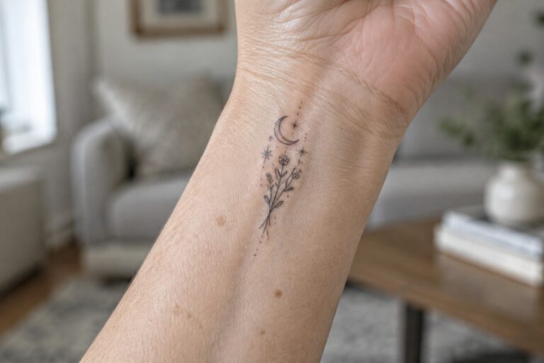 23 Stylish Spiritual Tattoos for Women Over 50 Built Around Celestial Motifs Wrist tattoo of crescent moon, stars, and floral branch above white sweater cuff