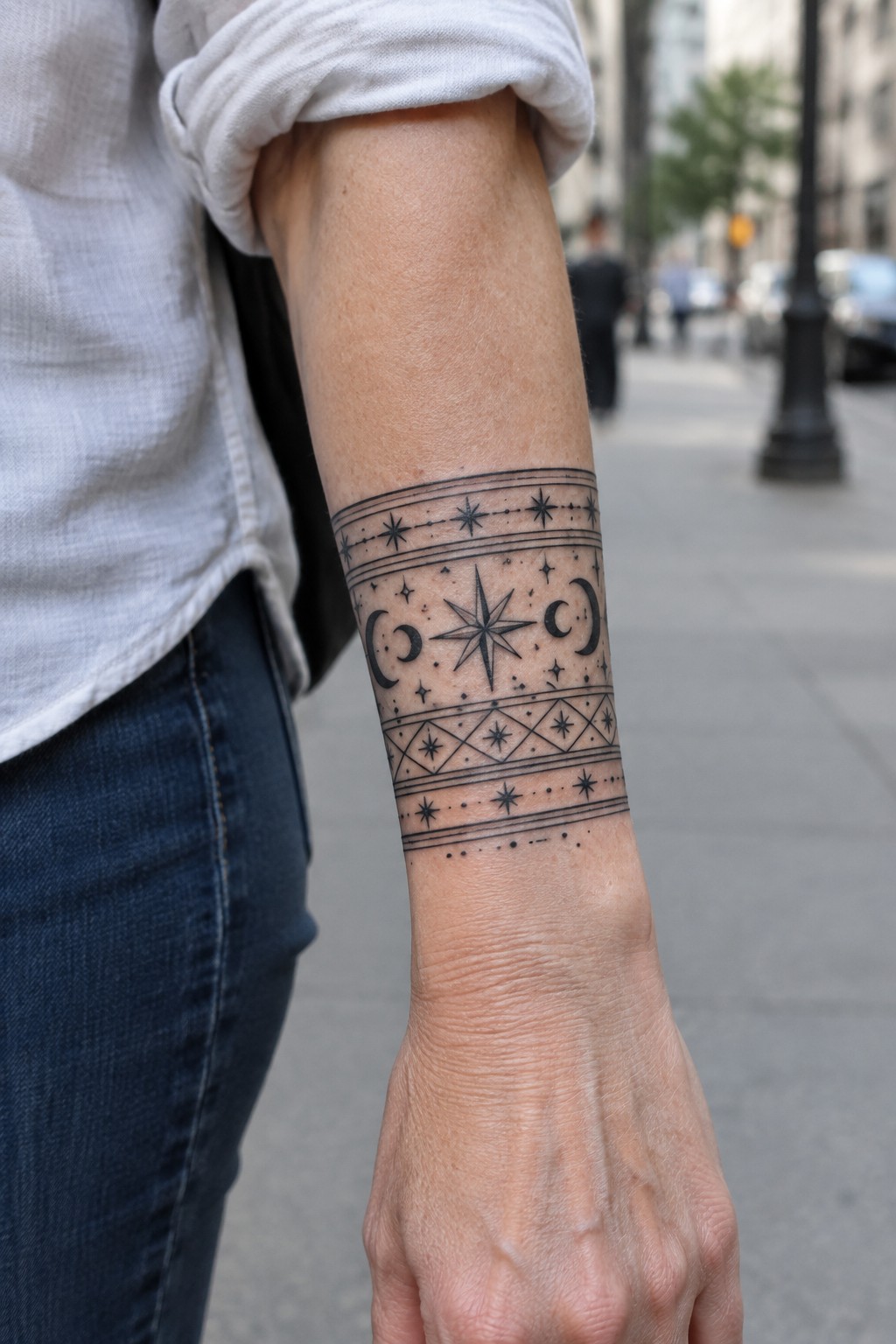Person's forearm with black celestial tattoo of stars, moons, and geometric patterns.